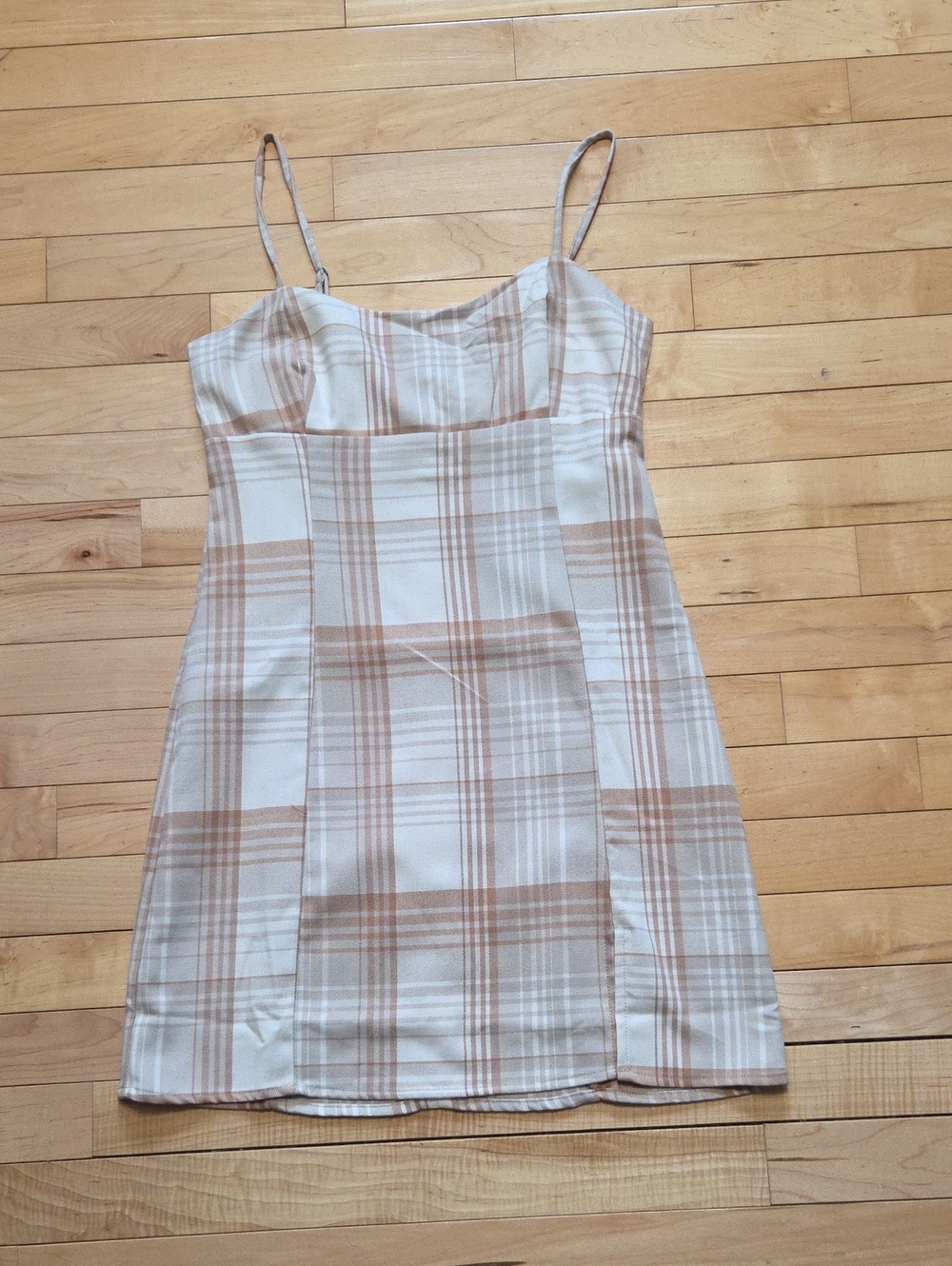 Beige Plaid Spaghetti Strap Mini Dress